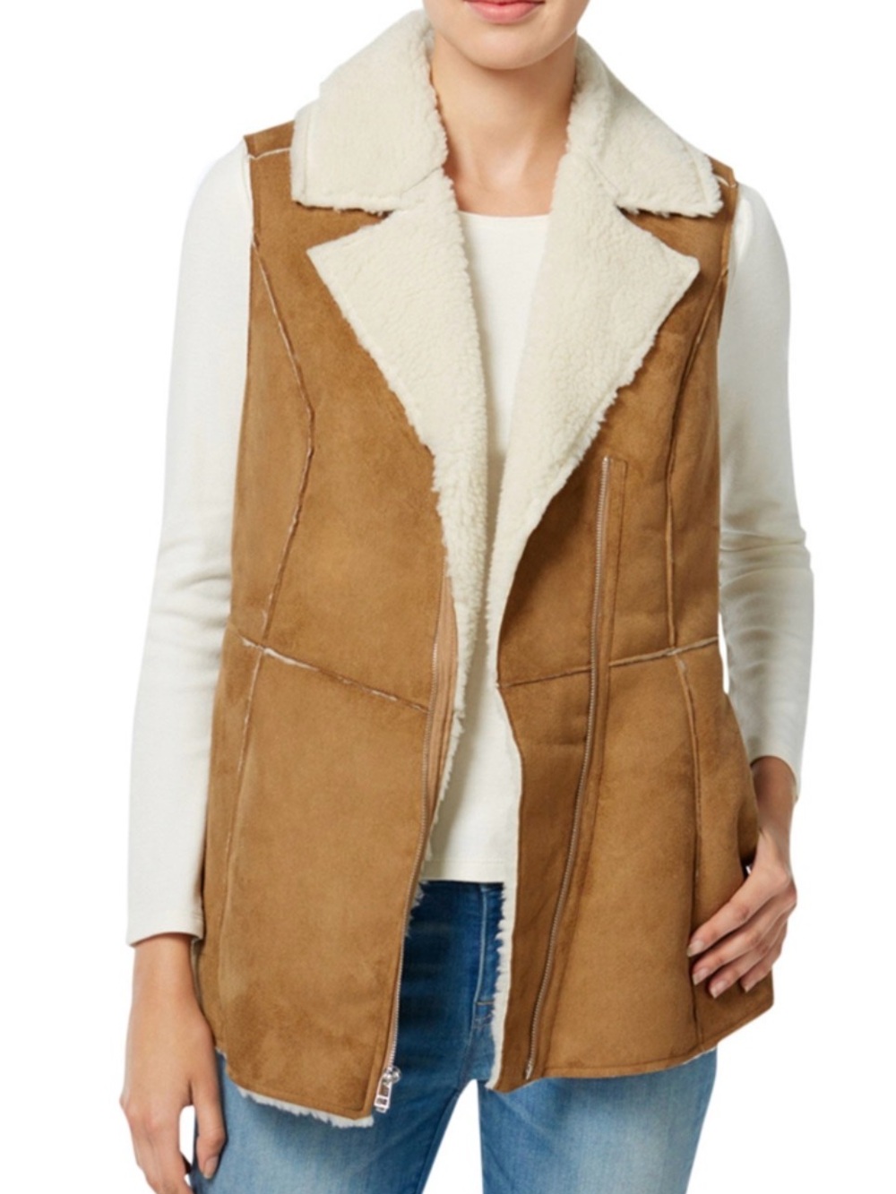 Wildflowers Faux Suede Shearling Vest in Camel and Cream